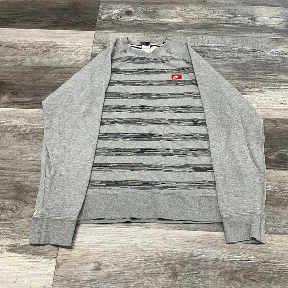 Nike Sportswear Heather Gray Striped Men XL Crew Swoosh Logo Pullover Sweatshirt - Picture 1 of 9